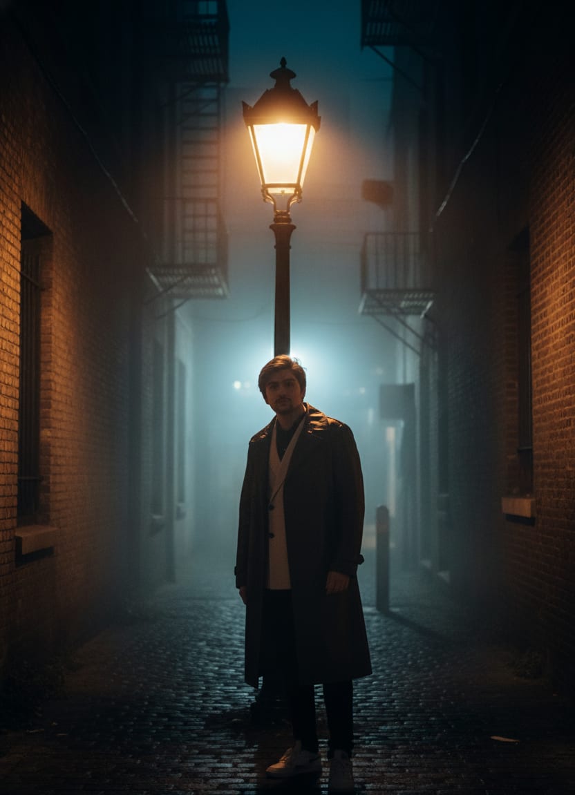 Man in foggy alley