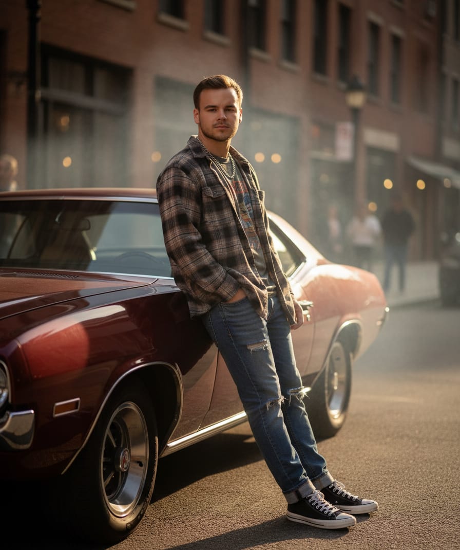 Man with classic car
