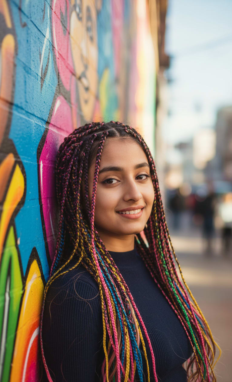 Woman with colorful braids