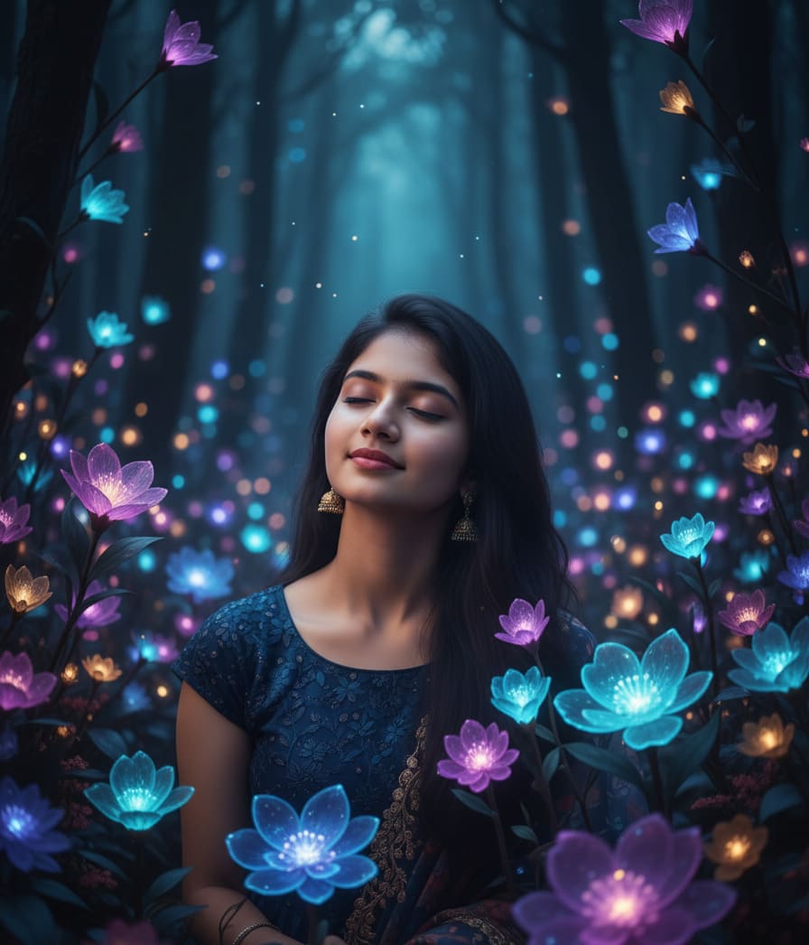 Woman with bioluminescent flowers