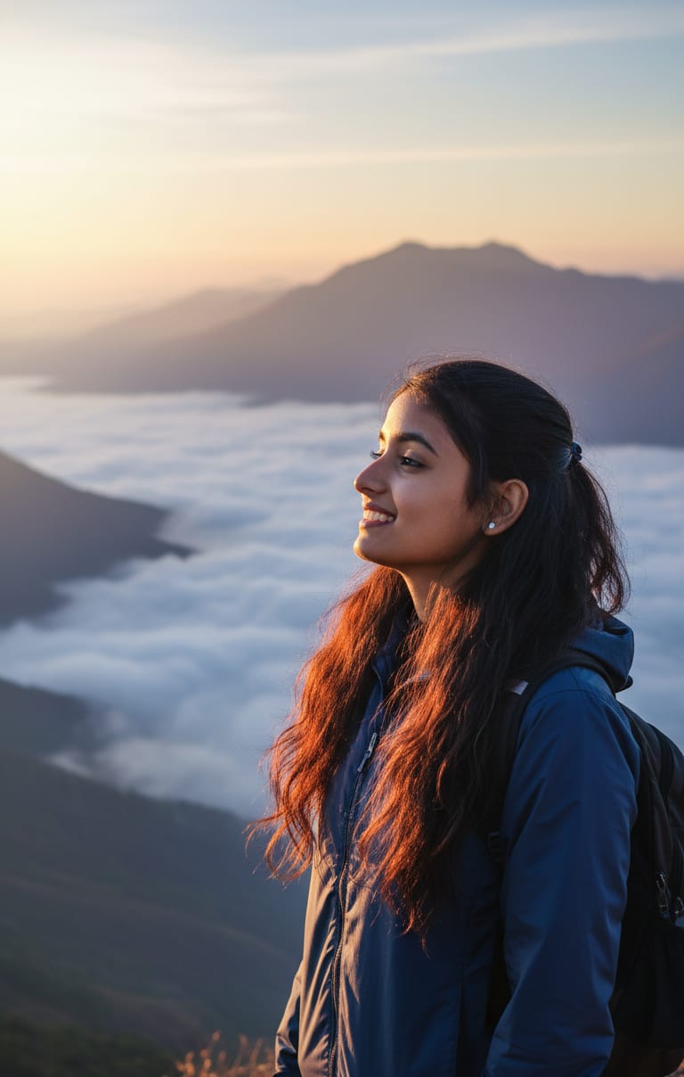 Portrait of a woman hiking at sunrise