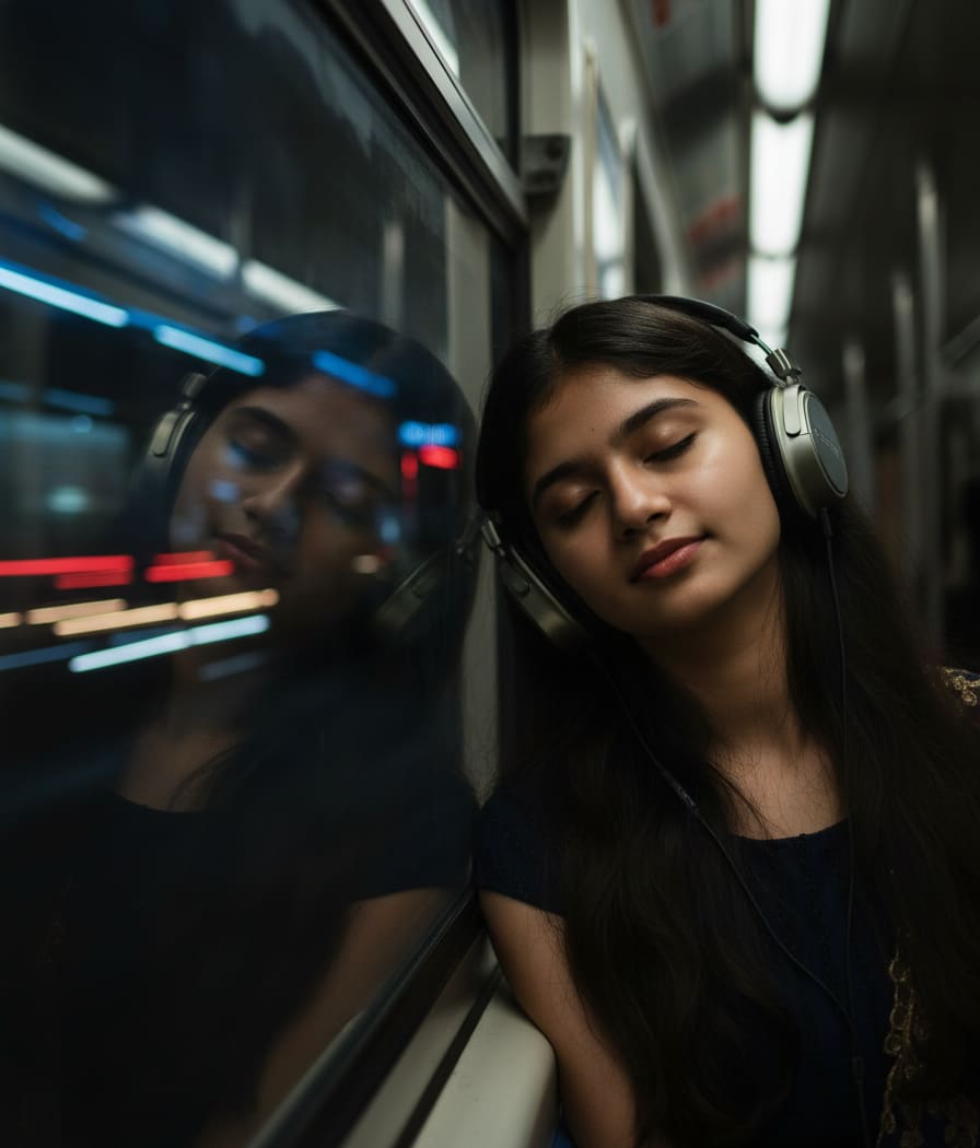 Portrait of a girl on a subway at night
