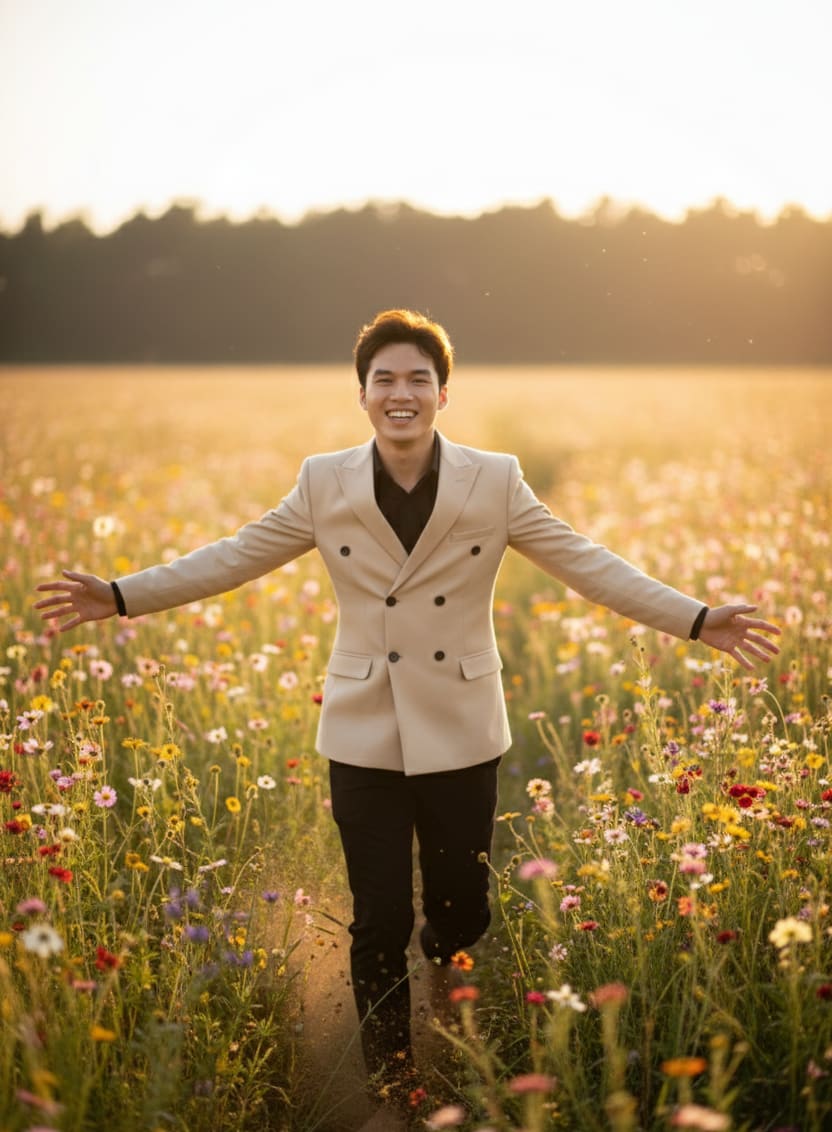 Boy running through wildflowers