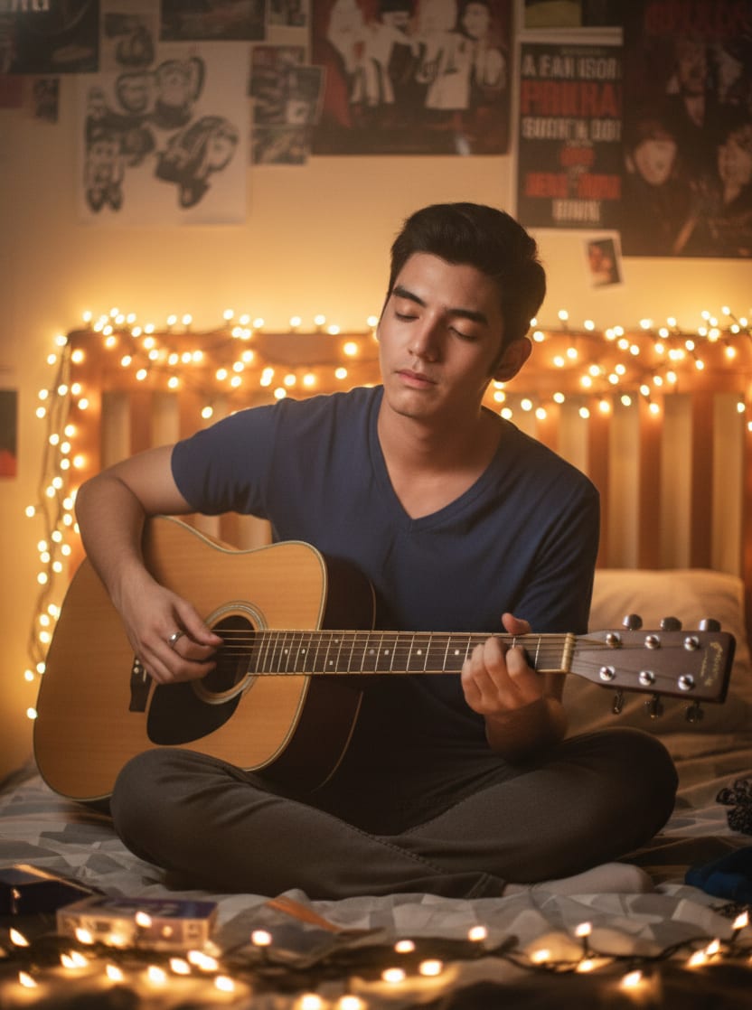 Portrait of a boy playing guitar in his room