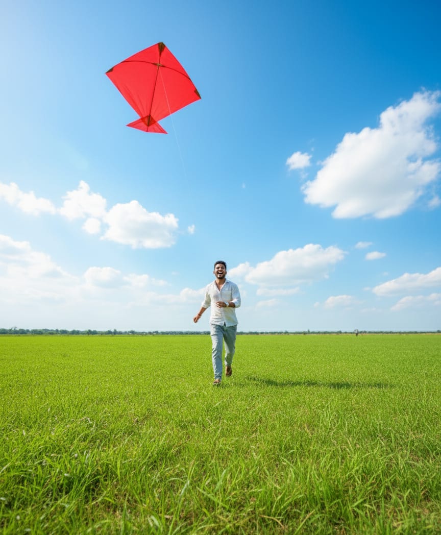 Portrait of a boy flying a kite in a meadow