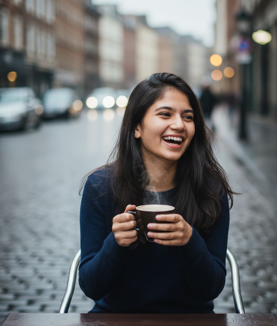 Portrait of a girl laughing at a café