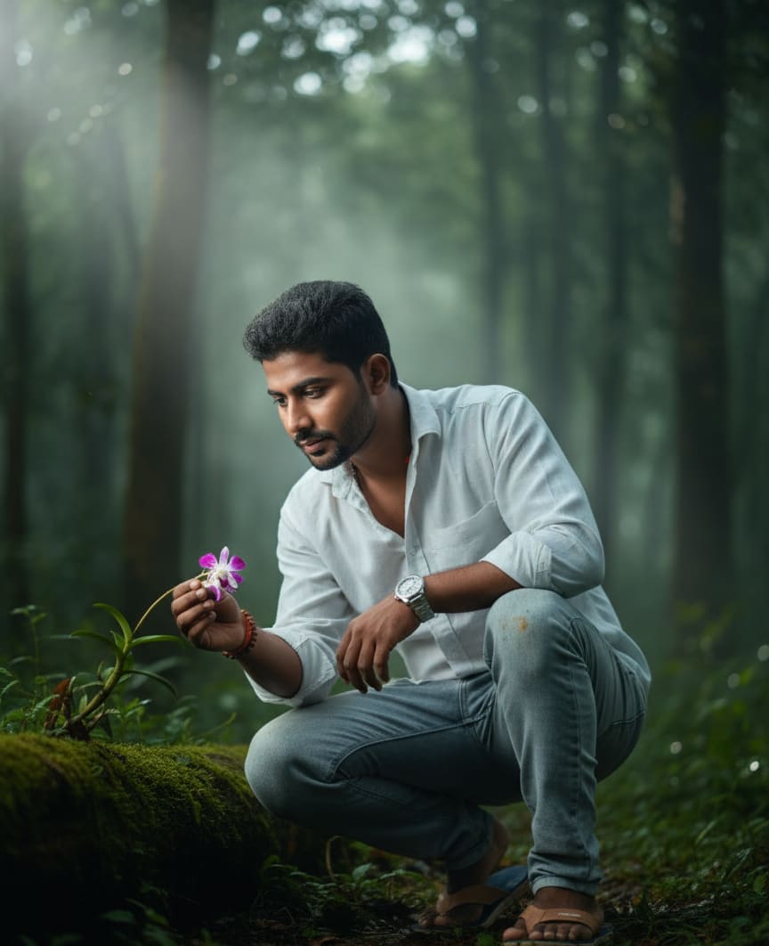 Boy examining wild orchid