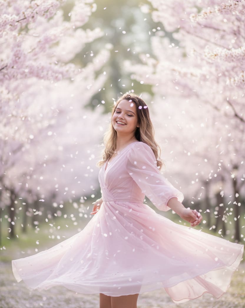 Girl twirling in cherry blossom field
