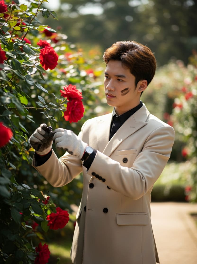 Boy tending rose bush