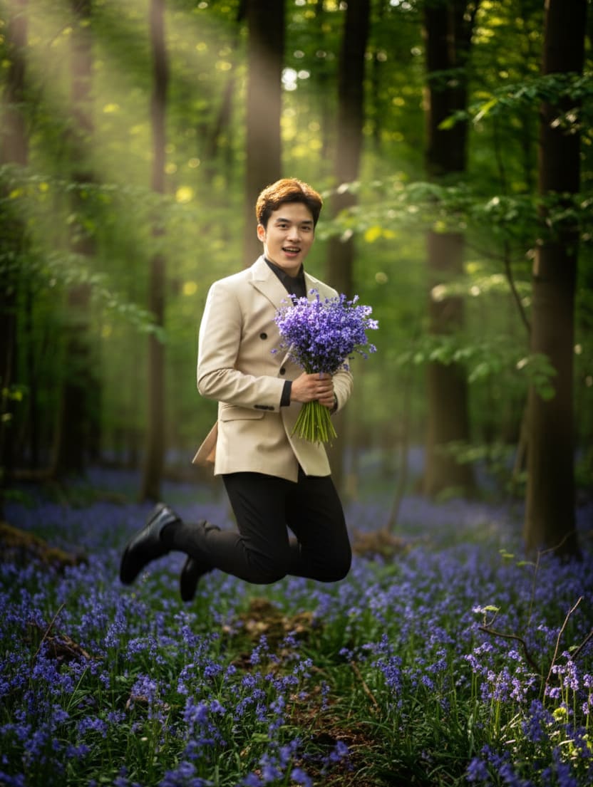 Boy collecting bluebells in forest