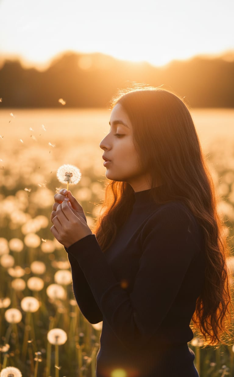 Girl blowing dandelion seeds
