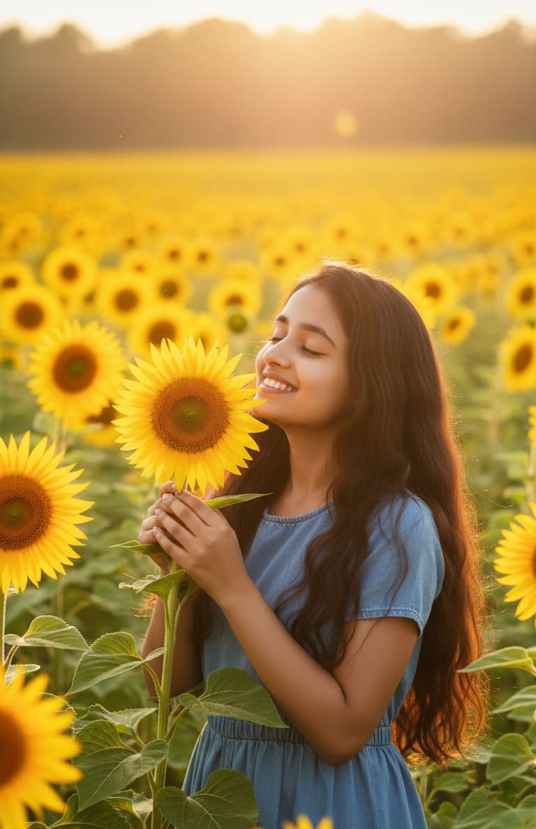Girl smelling sunflower