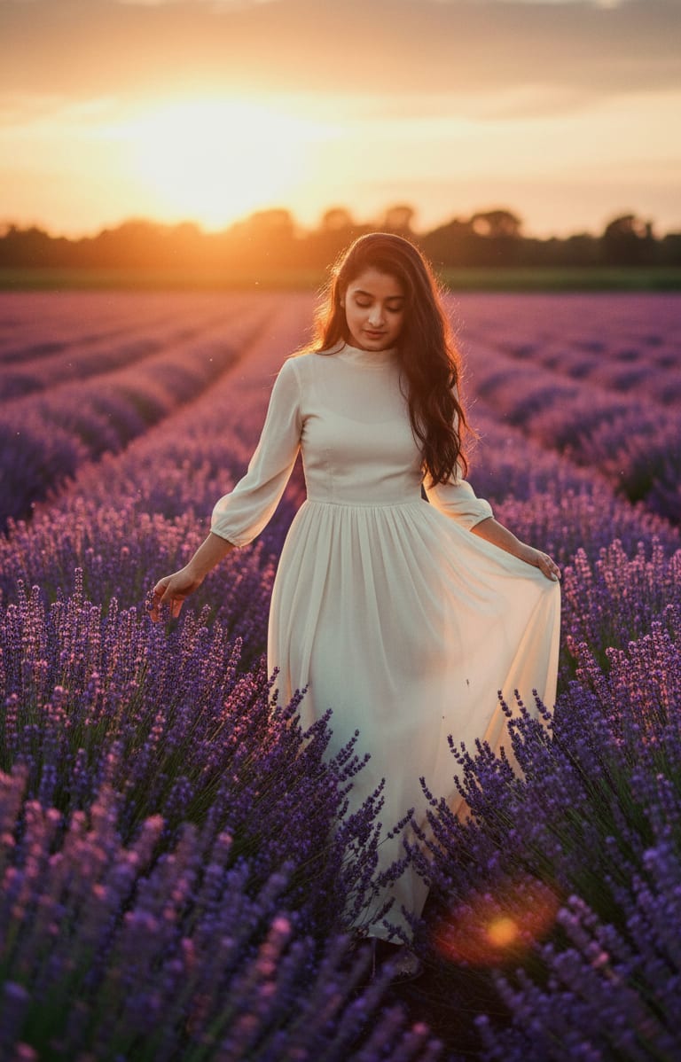 Woman in lavender field at sunset