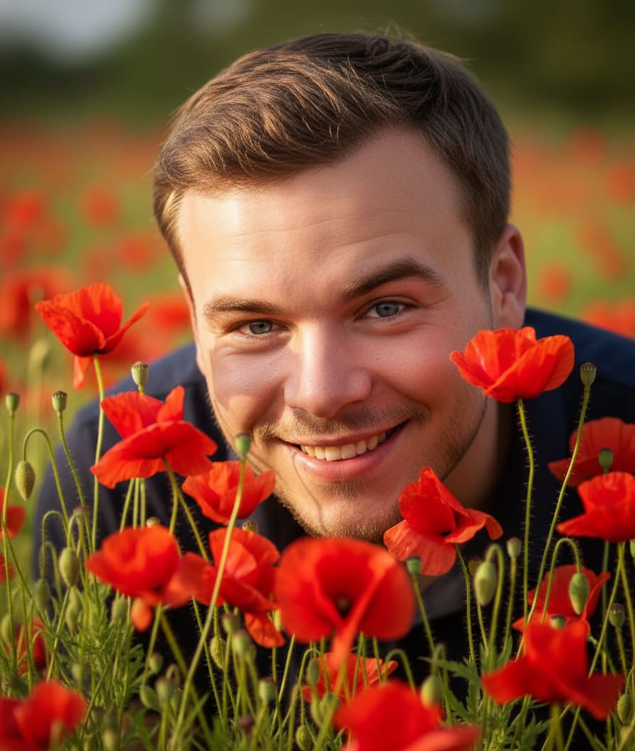 Boy peeking from poppies