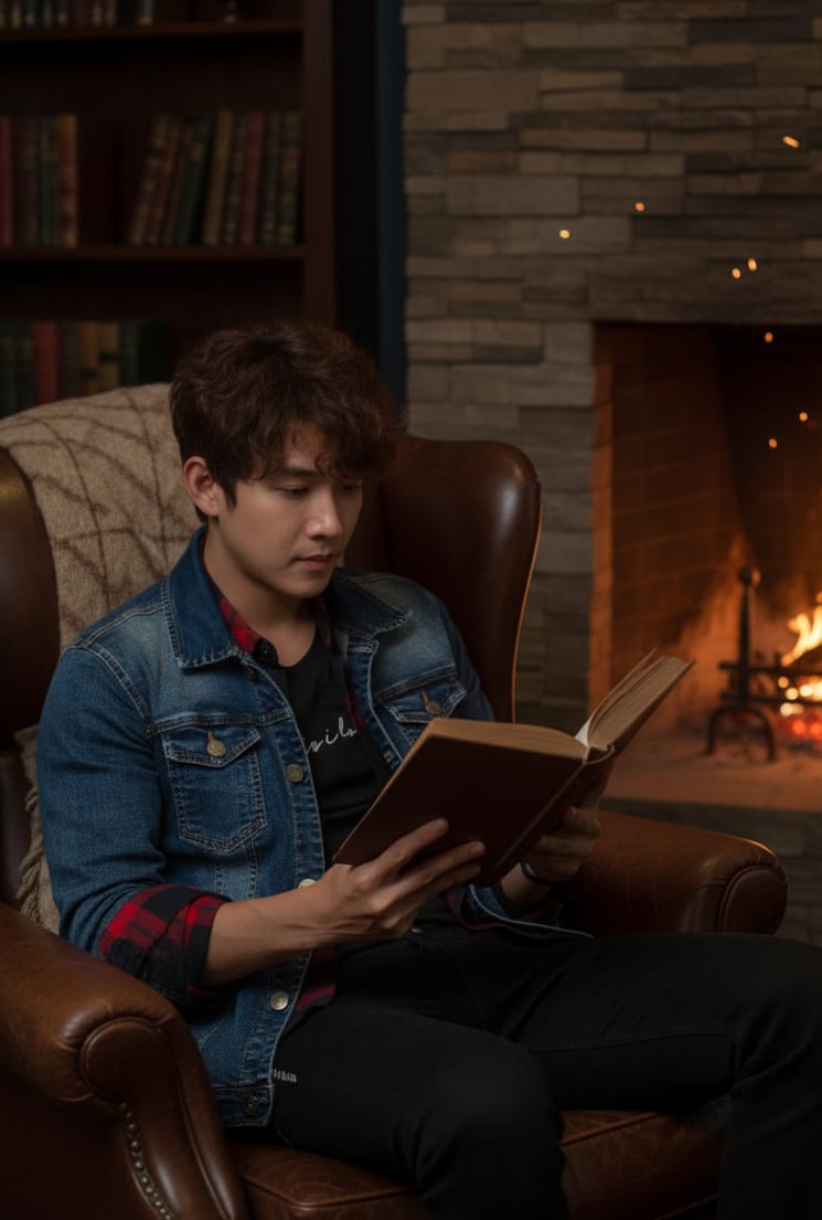 Man Reading by Fire