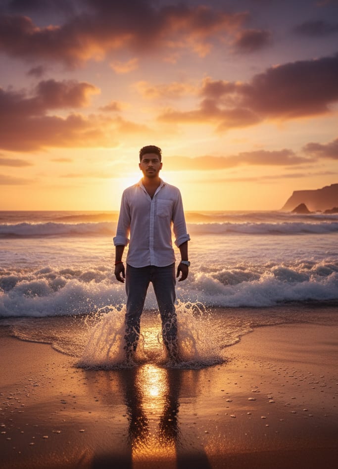 Man on Beach at Sunset