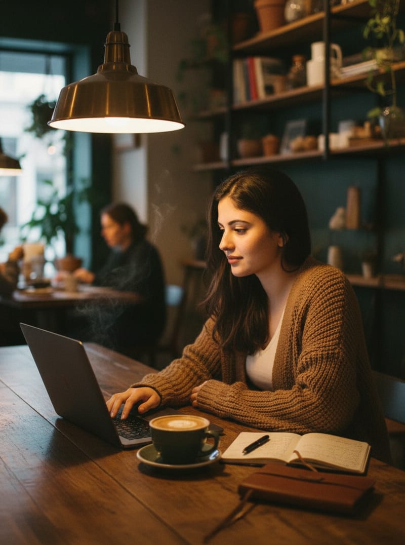 Woman Working in Cafe