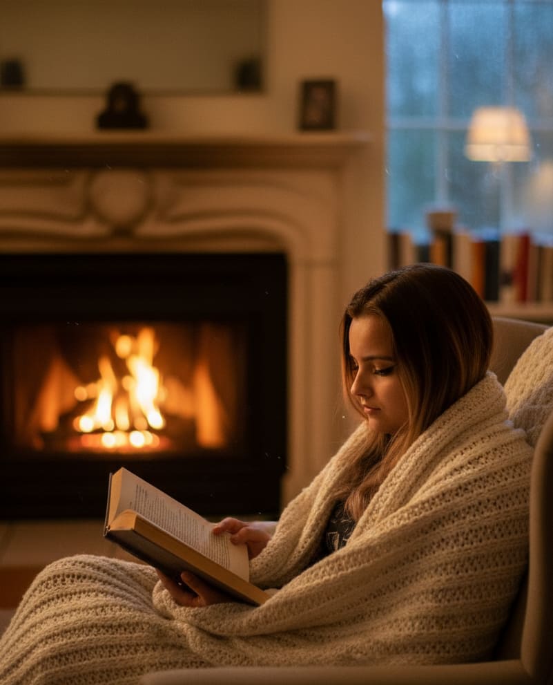 Woman by Fireplace