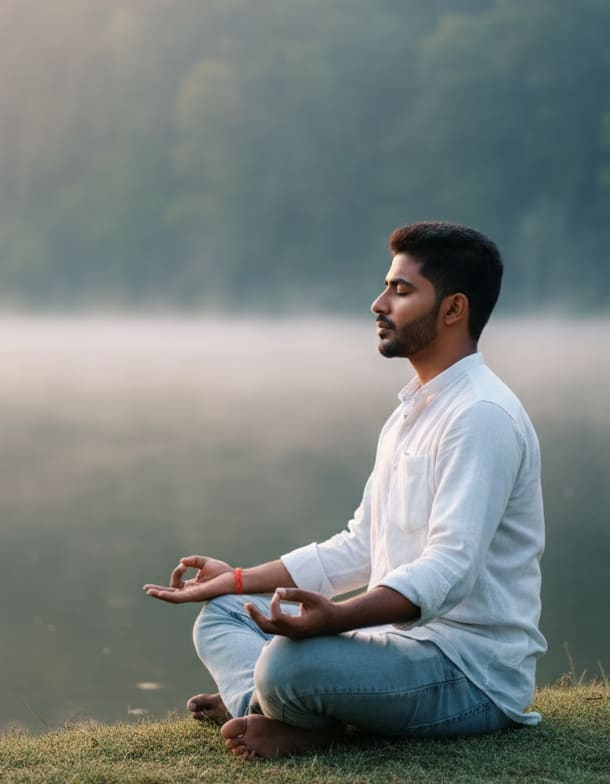 Man Meditating by Lake