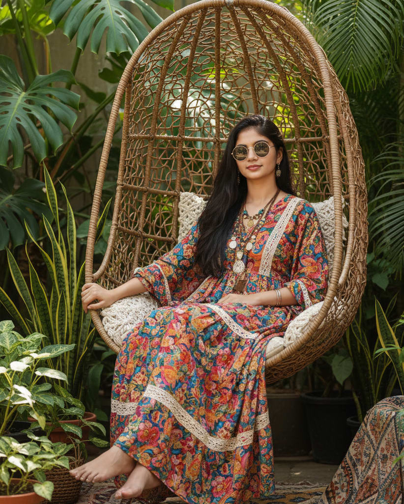 Woman in rattan chair