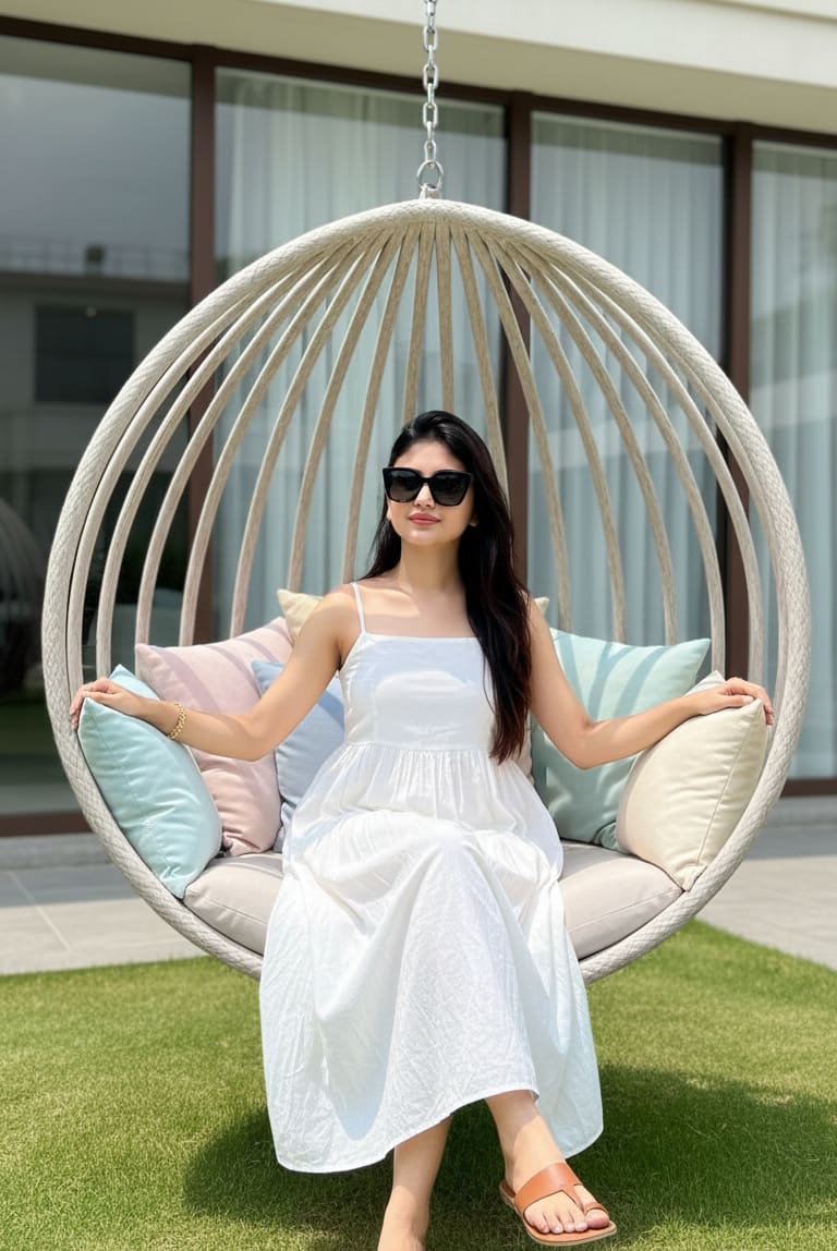 Woman on shell swing