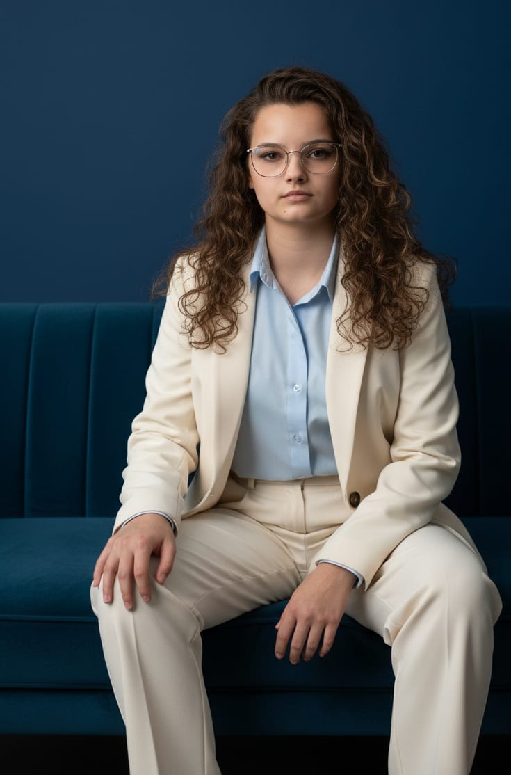 Woman in blazer on sofa