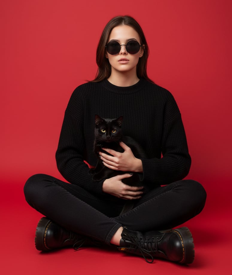 Woman with black cat
