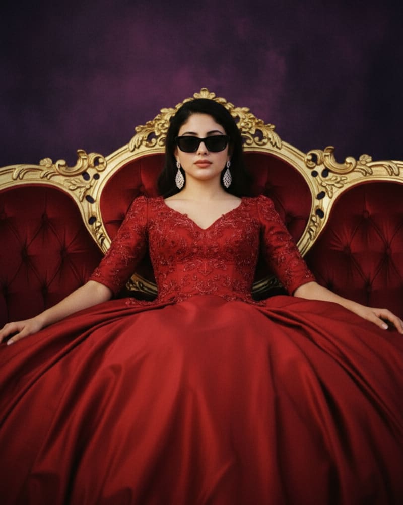 Woman on golden sofa