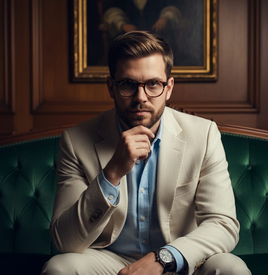 Man with glasses on sofa
