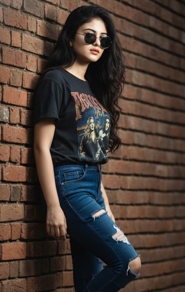 Woman against brick wall