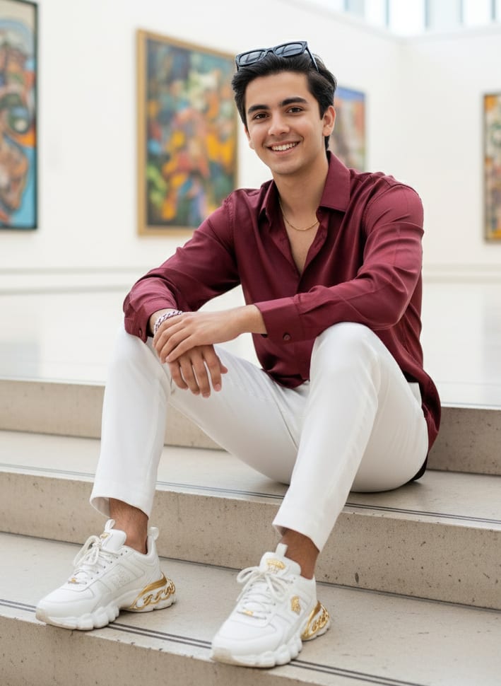Man on gallery steps