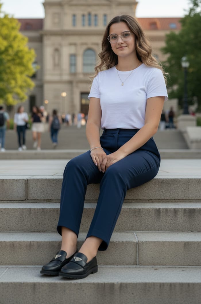 Woman on library steps