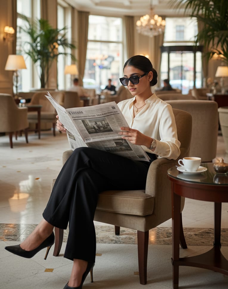 Woman in hotel lobby