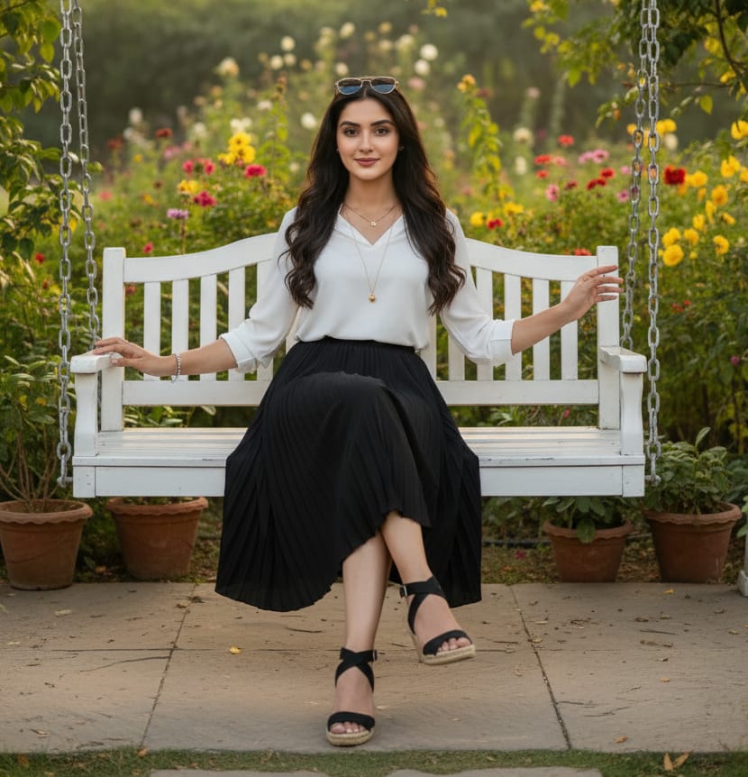 Woman on garden swing