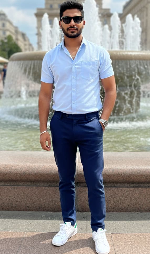 Man by city fountain