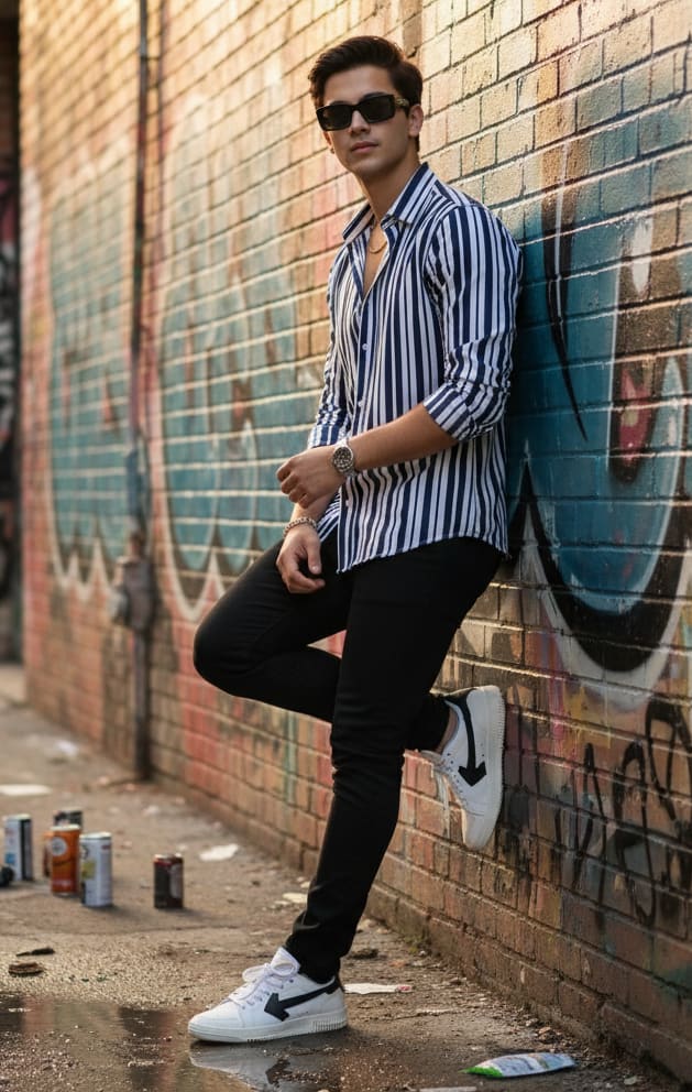 Man leaning on graffiti wall