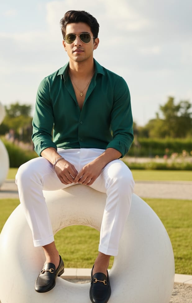 Man on modern sculpture