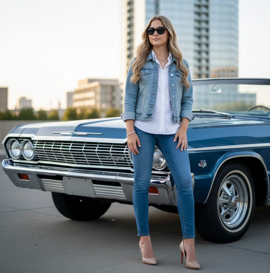 Woman leaning on vintage car