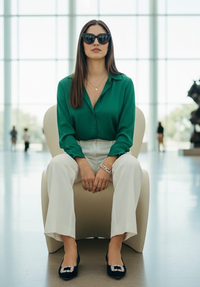 Woman in green shirt in museum