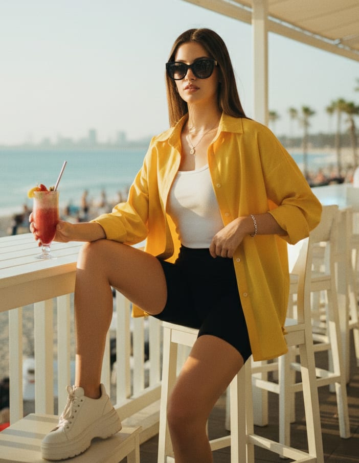 Woman at beachfront cafe