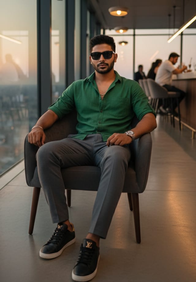 Man in dark gray shirt in office lounge