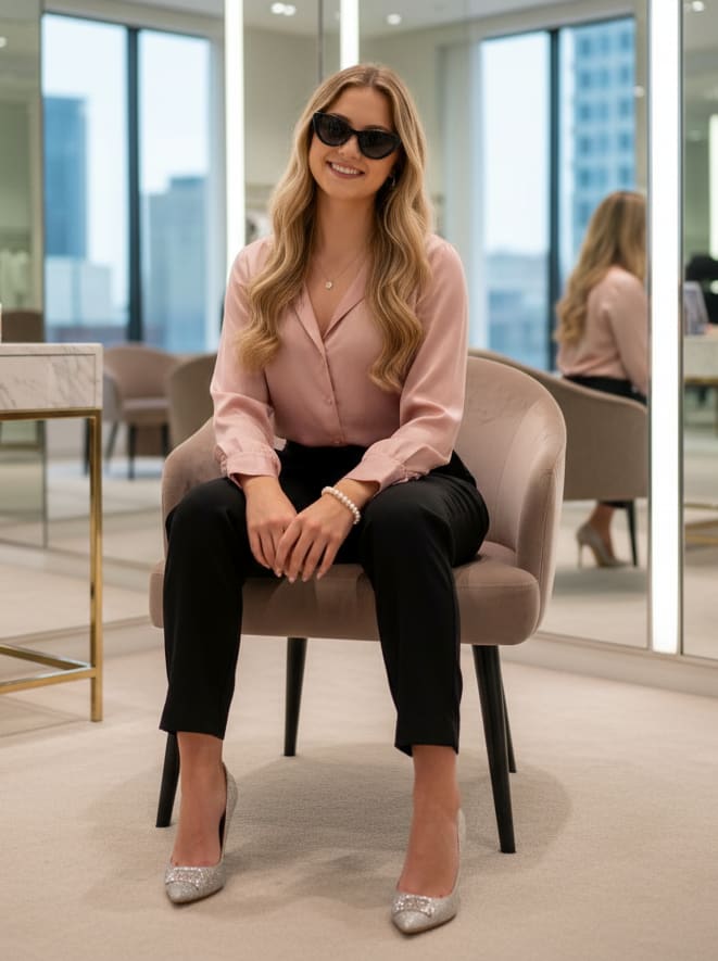 Woman in pink blouse in boutique