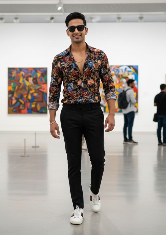 Man walking in art gallery