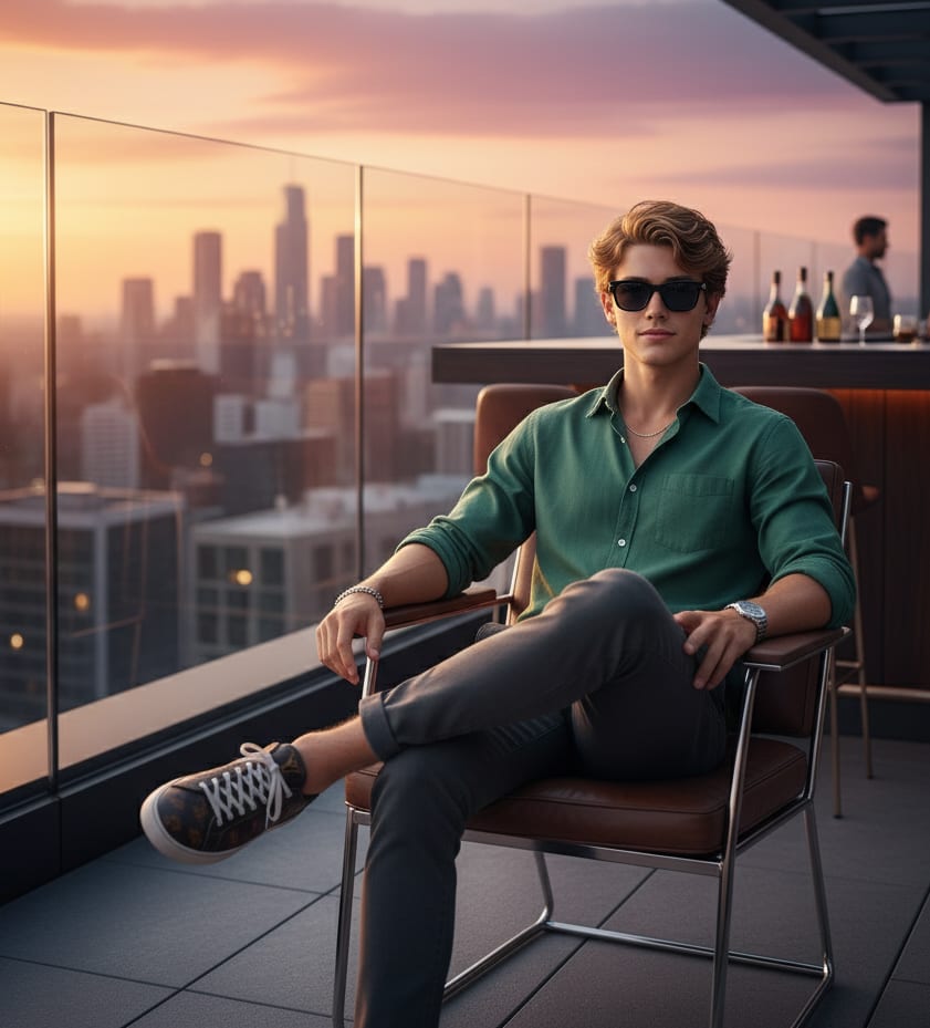 Man in green shirt at rooftop bar