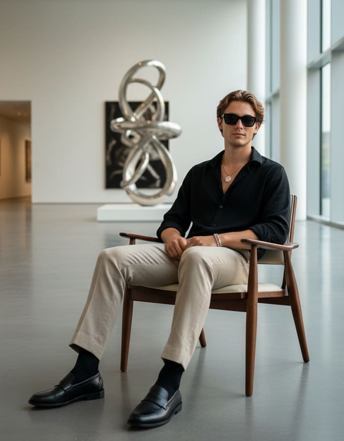 Man in black shirt in art gallery