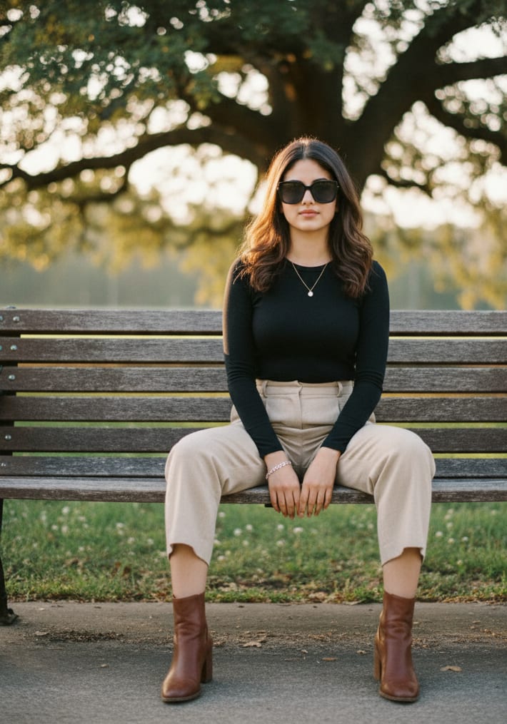 Woman on wooden bench