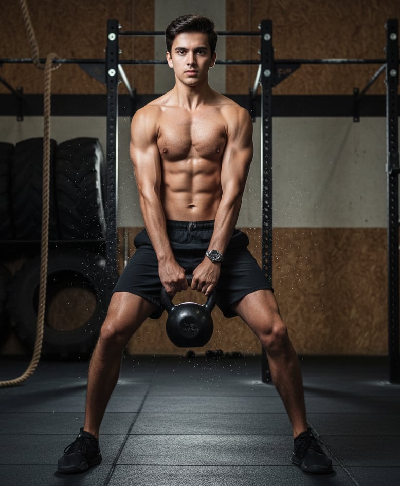Man with kettlebell swing