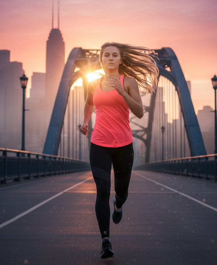 Woman sprinting on city bridge