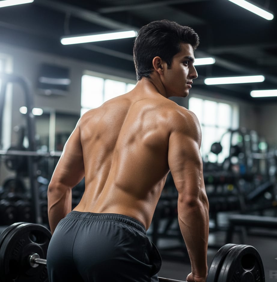 Man flexing back muscles