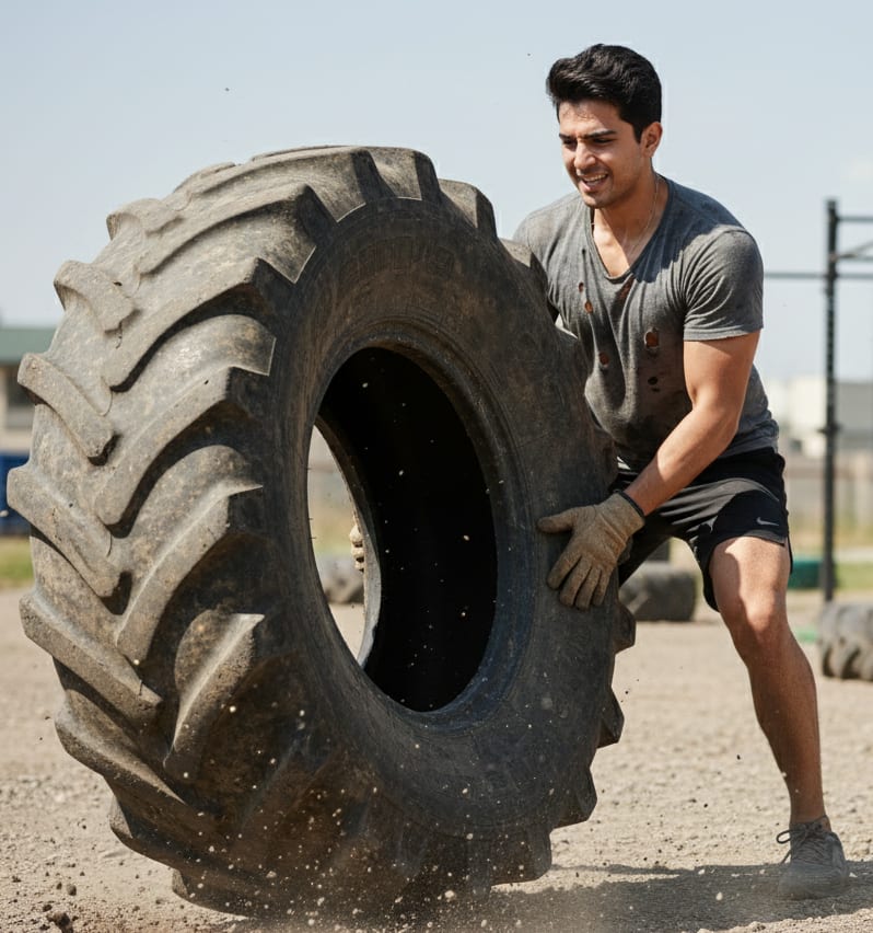Man flipping tractor tire